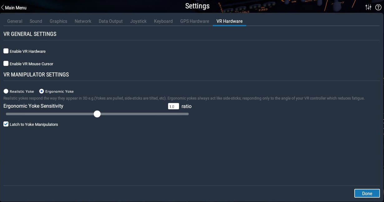 X-Plane 1120 VR hardware tab